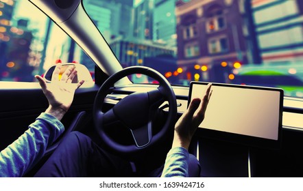 Person Using A Car In Autopilot Mode Hands Free