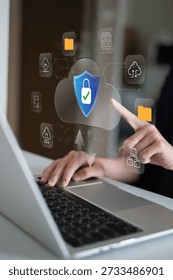 Person using cloud data information service online storage backup server connection protection security privacy network, cybersecurity concept document file upload download transfer technology