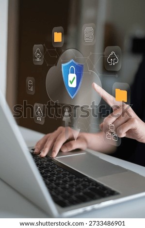 Person using cloud data information service online storage backup server connection protection security privacy network, cybersecurity concept document file upload download transfer technology