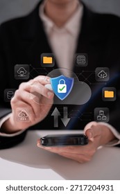 Person using cloud data for online storage backup download upload transfer file with protection privacy safety security, information technology cybersecurity concept, software connection device