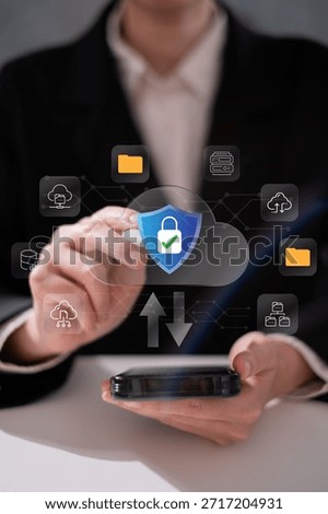 Person using cloud data for online storage backup download upload transfer file with protection privacy safety security, information technology cybersecurity concept, software connection device