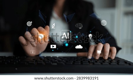 Person Using Computer with Artificial Intelligence Icons and Digital Technology Interface in Modern Office Environment