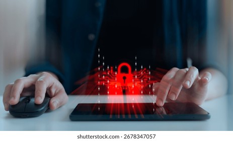 A person using a computer and tablet with a glowing red lock icon, symbolizing cybersecurity, data protection, encryption, online privacy, hacking prevention, and digital network security system.