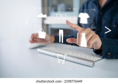 Person Using Computer And Touch Virtual Screen Online Shopping. And Online Payment Option Or Digital Wallet Online Transaction Concept.