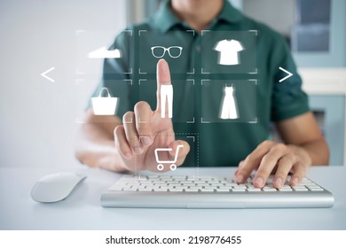 Person Using Computer And Touch Virtual Screen Online Shopping. And Online Payment Option Or Digital Wallet Online Transaction Concept.