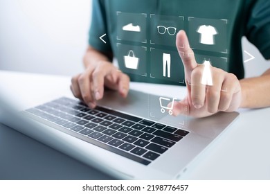 Person Using Computer And Touch Virtual Screen Online Shopping. And Online Payment Option Or Digital Wallet Online Transaction Concept.