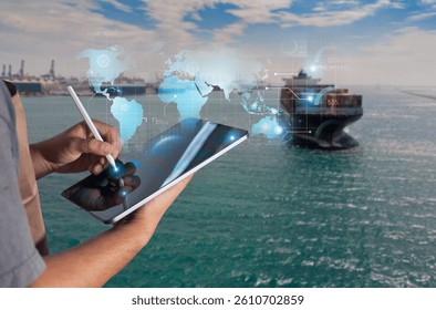 Person using digital tablet for global cargo tracking with futuristic interface overlay, ship and port background in logistics concept. - Powered by Shutterstock - Get 15% off with code: PIKWIZARD15