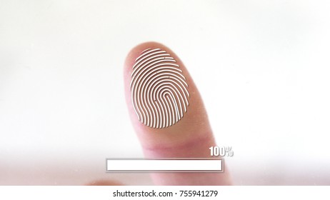 Person using fingerprint identification for access with a close up view of the fingertip showing 100 percent verification on a virtual screen with copy space in a security concept