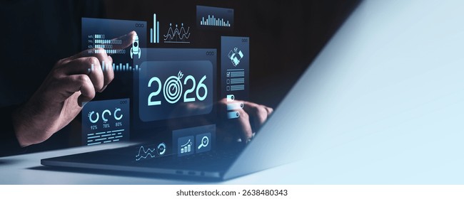 Person using futuristic digital dashboard with 2026 analytics and charts, holographic style, over dark blurred background, showing innovation