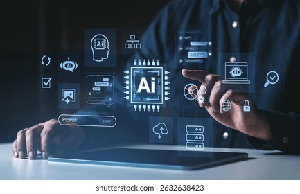 Person using futuristic digital interface with glowing AI icons and tech symbols, in a dark setting, concept of technology interaction and innovation