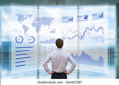 Person using a futuristic HUD interface screen with data and key performance indicators (KPI) for business intelligence (BI) analytics, concept, financial dashboard, technology, virtual reality (VR)