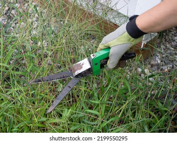 Person Using Grass Shears Near Building 