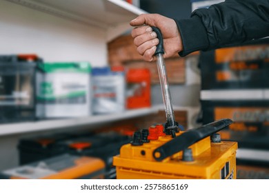 A person using a hydrometer to test a yellow car battery, with visible red and black terminals. Equipment for checking battery fluid density.