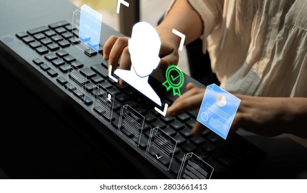 Person Using Keyboard with Digital Interface Displaying Data, Documents, and Certification Symbols in Modern Workspace Environment