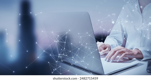 Person using a laptop with abstract digital network connections overlaid, with a blurred background, highlighting the concept of connectivity - Powered by Shutterstock