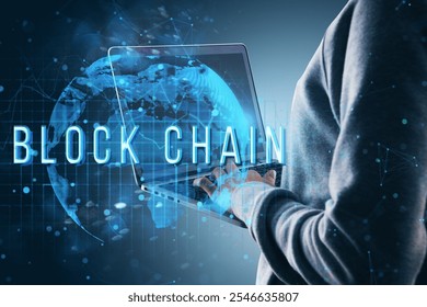 A person using a laptop with BLOCK CHAIN text overlay, digital world map, and hologram-like elements on a blue tech-inspired background. Blockchain concept - Powered by Shutterstock