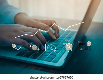 Person using a laptop computer with dIgital marketing technology concept. new startup project online search engine optimisation.