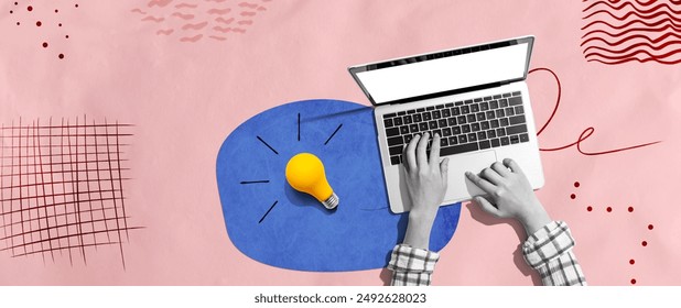 Person using a laptop computer and light bulbs - Collage - Powered by Shutterstock