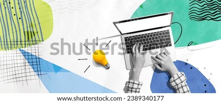 Person using a laptop computer and light bulbs - Collage