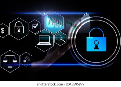 Person using a laptop computer with technology cybersecurity and privacy concept. protection and safe data for global network security