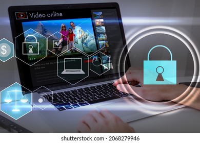 Person using a laptop computer with technology cybersecurity and privacy concept. protection and safe data for global network security