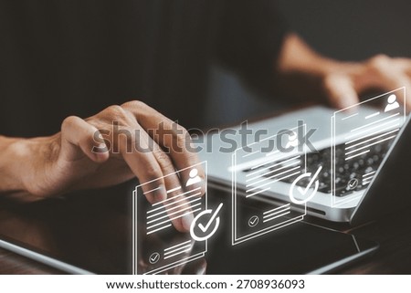 A person using a laptop with floating digital resume icons, representing online job applications, digital profiles, HR technology, recruitment processes, and modern hiring systems.