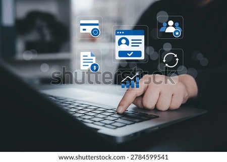 Person using laptop with virtual customer workflow dashboard showing subscription billing, profile verification, payment status, recurring cycle, and account management. Digital business concept for membership services, customer onboarding, billing automation, retention tracking, and recurring revenue management in a modern workspace.