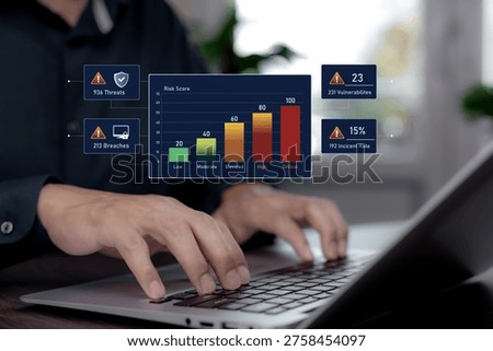 Person using laptop with virtual cybersecurity risk dashboard, illustrating threat detection, vulnerability monitoring, breach analysis, incident tracking, risk scoring, and security analytics for modern data protection, network defense, and enterprise IT management.