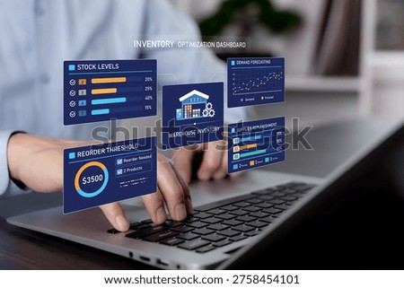 Person using laptop with virtual inventory optimization dashboard, illustrating stock levels, demand forecasting, warehouse inventory, reorder threshold, supplier replenishment, and data-driven supply chain management for modern retail, logistics, and business operations.