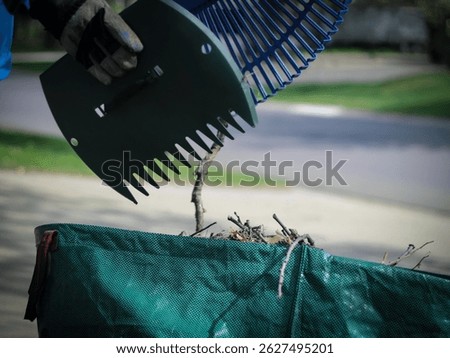 a person using a leaf scoop and rake to collect sticks, leaves, and debris and put in a large bag. yard cleanup. landscaping and gardening design element.