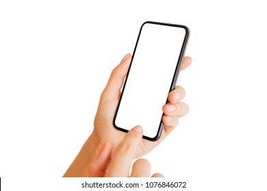 Person using phone with empty white screen. Mobile app mockup.