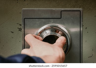 Person using security safe with mechanical combination lock or dial safe lock. Woman turning wheel combination lock with analog numbers. Close up of old fire proof steel safe. Selective focus.