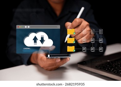 A person using a smartphone with a cloud interface, showcasing data transfer and file management in a digital environment.