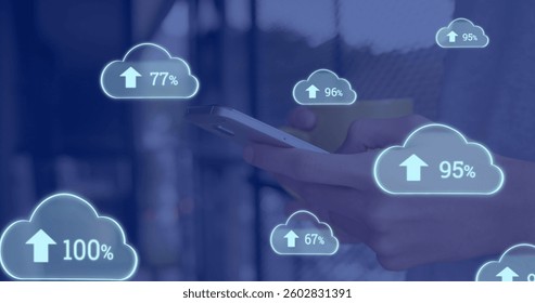 Person using smartphone with digital cloud icons showing upload progress. Technology, connectivity, cloud computing, data transfer, wireless, innovation