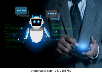 Person using a smartphone to interact with a friendly AI chatbot, Live Chat Chatting on application. AI generates bot artificial intelligence, which is smart robot conversation. 