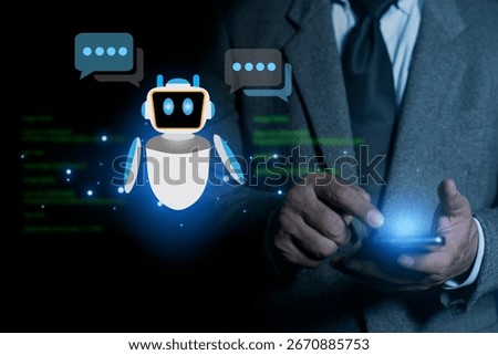 Person using a smartphone to interact with a friendly AI chatbot, Live Chat Chatting on application. AI generates bot artificial intelligence, which is smart robot conversation. 