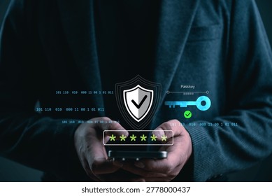 Person using smartphone with passkey authentication interface, representing cybersecurity, password protection, secure login, digital identity verification, encrypted access, online privacy concepts.