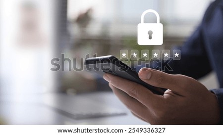 Person using a smartphone with a password input or OTP code and lock icon, emphasizing security and online authentication. data protection and secured internet access.