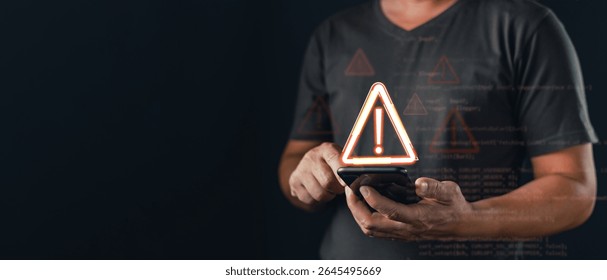 A person using a smartphone is surrounded by glowing warning icons and code overlays, symbolizing caution in cybersecurity, digital threat detection, and the importance of mobile data protection.