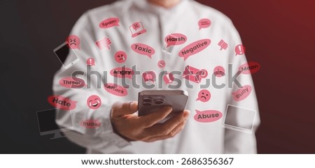 A person using a smartphone surrounded by negative social media comments like hate, bully, and toxic words, representing online harassment, cyberbullying, and digital abuse on the internet.