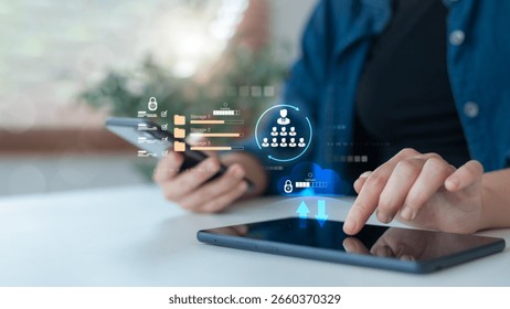 Person using smartphone and tablet with cloud storage interface, team structure, and secure file access, representing cloud data management and user control.