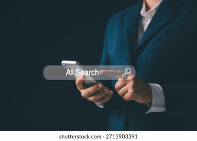 Person using smartphone, touching virtual AI search bar, representing artificial intelligence, digital search technology, mobile innovation, smart data interaction, modern online searching behavior.