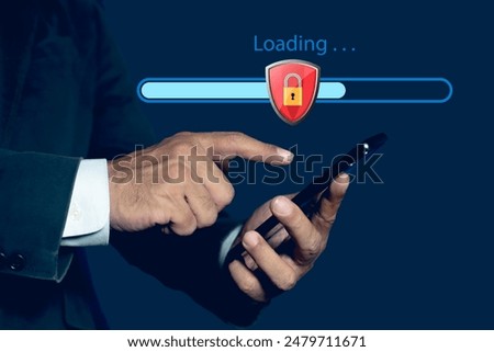 Person using smartphone with virtual loading bar for download software and Shield protection icon. Data Security Privacy Online Security Protection Concept