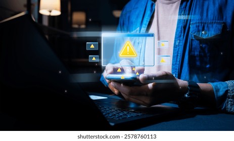 A person using a smartphone while receiving multiple cybersecurity warning alerts. Digital security risk icons appear in a futuristic interface, symbolizing hacking threats.