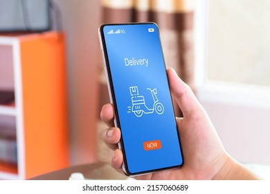 Person Using Smartphones For Online Transactions, Delivery, Online Shopping, Fast Delivery, Express Transport, Ordering Through Apps, Internet Technology, Easy Access, Smartphone Screen. Stay At Home