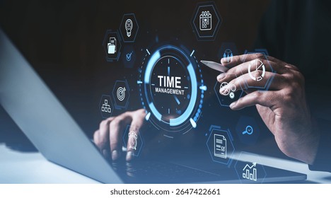 Person using stylus on laptop with digital time management interface, futuristic graphic style, dark gradient background, concept of productivity strategy - Powered by Shutterstock - Get 15% off with code: PIKWIZARD15
