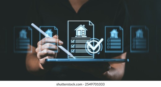 A person using a stylus on a tablet with a digital house checklist icon overlay, on a dark background. Concept of digital real estate management