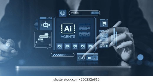Person using stylus on tablet with futuristic AI interface elements, chatbot, and agent icons. Blue-toned background. Concept of artificial intelligence