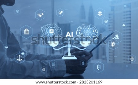 Person using tablet with AI ethics scales, brain and legal icons, futuristic line art on blue city background, concept of governance