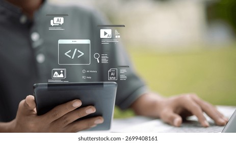Person using tablet with AI programming icons, representing artificial intelligence, coding, machine learning, and digital technology innovation concept.